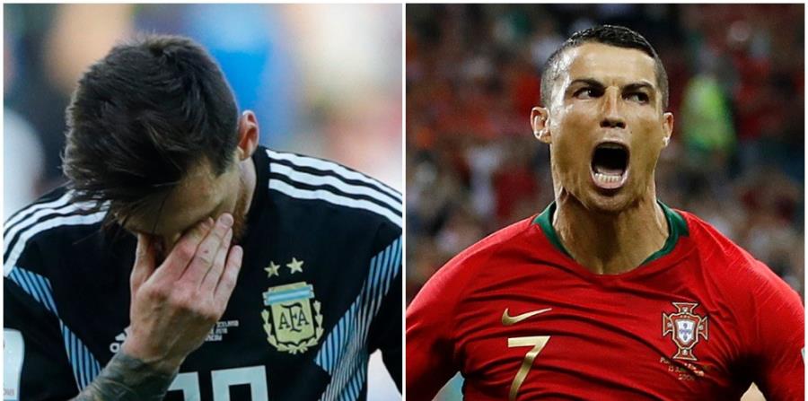 Ala derecha, Cristiano Ronaldo festeja uno de los tres goles que marcó en el empate 3-3 de Portugal y España. A la izquierda, Messi se cubre los ojos durante el empate 1-1 de Argentina e Islandia. (AP) (horizontal-x3)