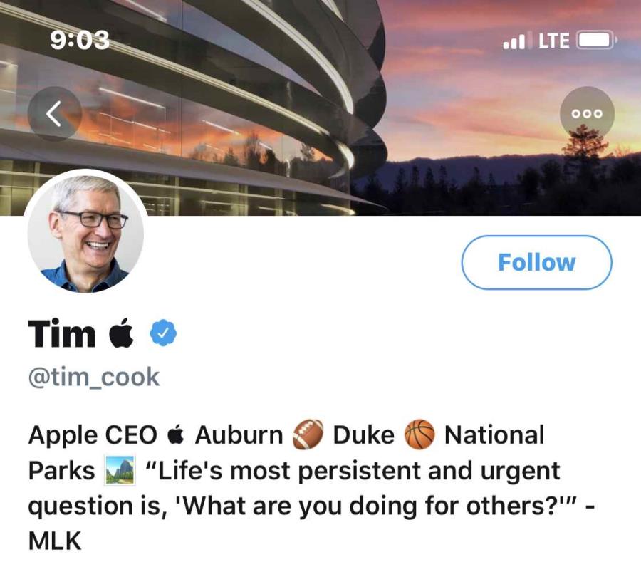 Así se ve el perfil del presidente de Apple luego de cambiar el nombre de su cuenta en Twitter (semisquare-x3)