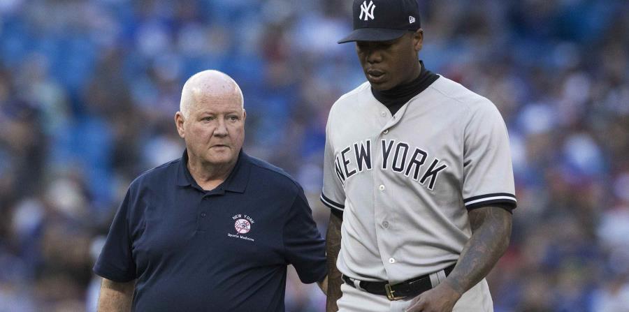 Aroldis Chapman deja el juego contra los Azulejos de Toronto durante el noveno inning. Esto ocurrió el sábado, 7 de julio de 2018. (horizontal-x3)