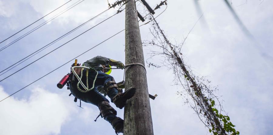 Un trabajador de la AEE sube a un poste a hacer reparaciones del sistema eléctrico. (horizontal-x3)
