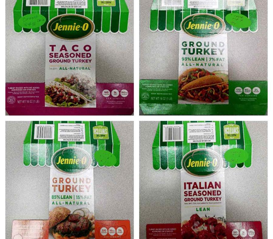 Esta combinación de imágenes provista por Hormel, muestra el empaque de cuatro tipos de pavo crudo molido Jennie-O con una designación P190 que se ha retirado debido a las preocupaciones sobre la salmonela. (AP) (semisquare-x3)
