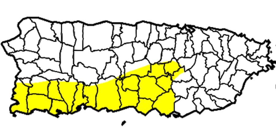 En amarillo, se observa la zona clasificada como anómalamente seca por el Monitor Federal de Sequía. (Captura / droughtmonitordev.unl.edu) (horizontal-x3)