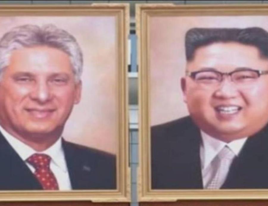 Corea del Norte exhibe el primer retrato oficial de Kim Jong-un junto al presidente de Cuba Miguel Díaz-Canel (semisquare-x3)