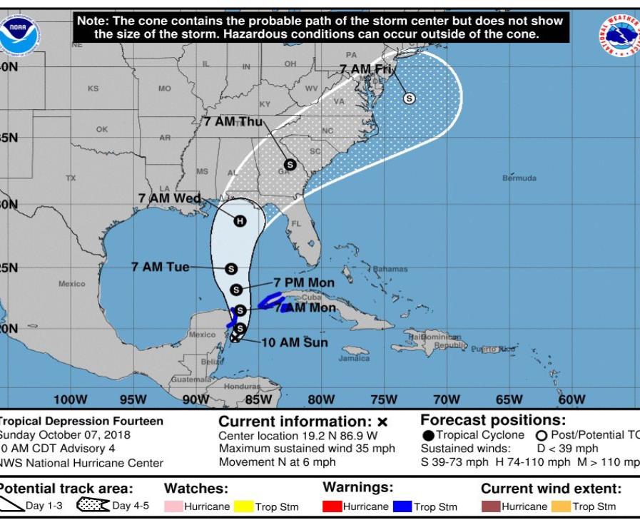 Imagen del Centro Nacional de Huracanes que muestra el pronóstico de movimiento de los próximos cinco días de la tormenta tropical Michael. (EFE / NHC) (semisquare-x3)