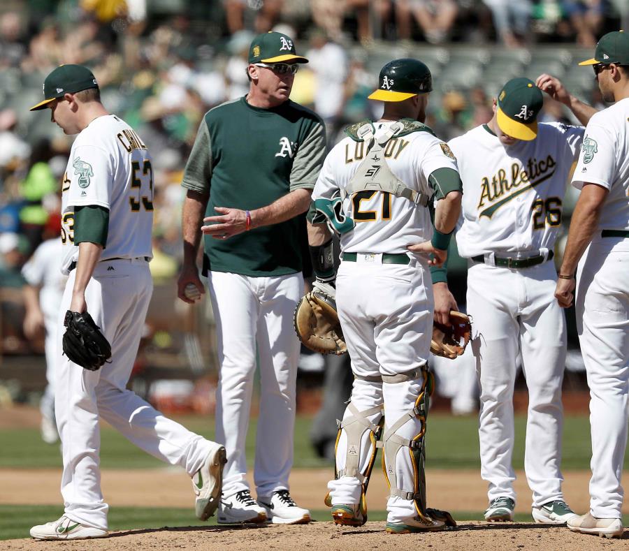 El dirigente de los Atléticos Bob Melvin saca del partido al lanzador Trevor Cahill. (AP) (semisquare-x3)