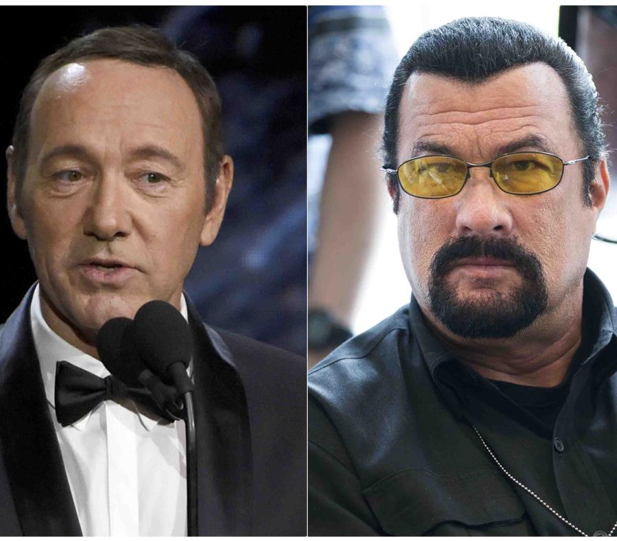 En esta combinación de imágenes se observan a Kevin Spacey en la ceremonia de los premios Los Ángeles Britannia de BAFTA en Beverly Hills, California, y a Steven Seagal en una conferencia de prensa de la delegación del Congreso estadounidense ante Rusia e (semisquare-x3)