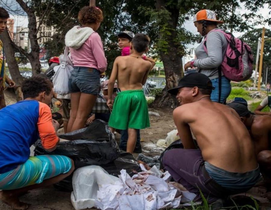 Un grupo de niños busca comida entre las bolsas de basura que obtuvieron en una panadería. (EFE / Miguel Gutiérrez). (semisquare-x3)