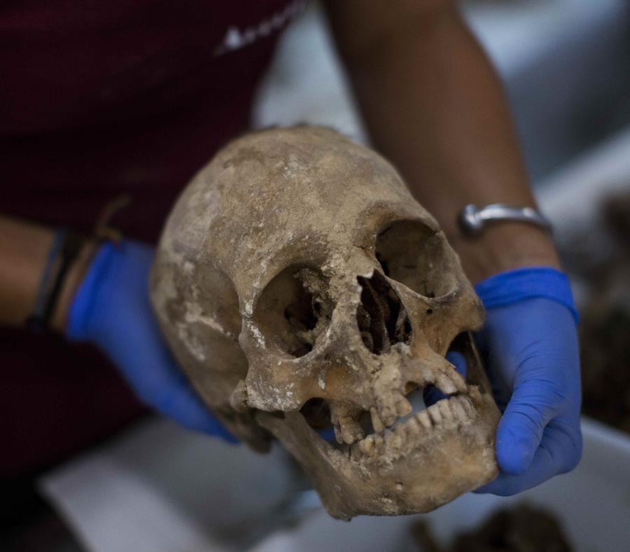 Un antropólogo sostiene un cráneo para fotografiarlo después de haberlo exhumado de una fosa común en el cementerio de Paterna, cerca de Valencia, España. (AP) (semisquare-x3)